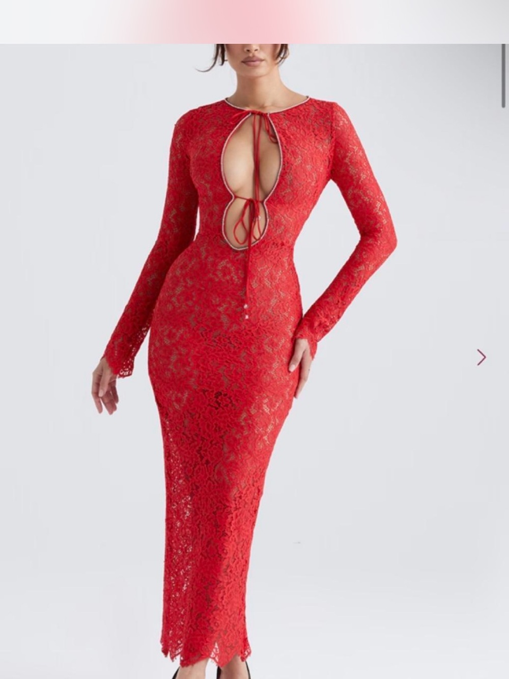 House of CB Red Lace Long-Sleeve Tie Front Maxi Dress